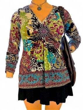 ECI New York Paisley Beaded Y2K Boho Blouse L Multicolor Long Sleeve